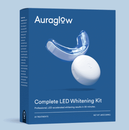 Box of teeth whitening kit tested for honest Auraglow review