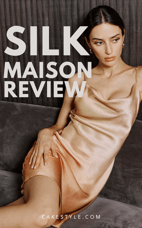 Woman wearing Silk Maison dress reading Silk Maison Review articles at Cake Style