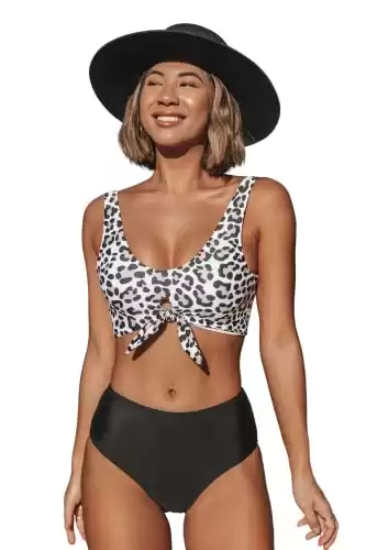 Beachsissi Cute Bikinis Leopard Print Knot Front Swimsuit High Waisted Bathing Suit