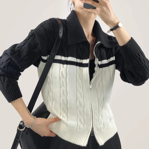 j.ing black knit zip-up cardigan
