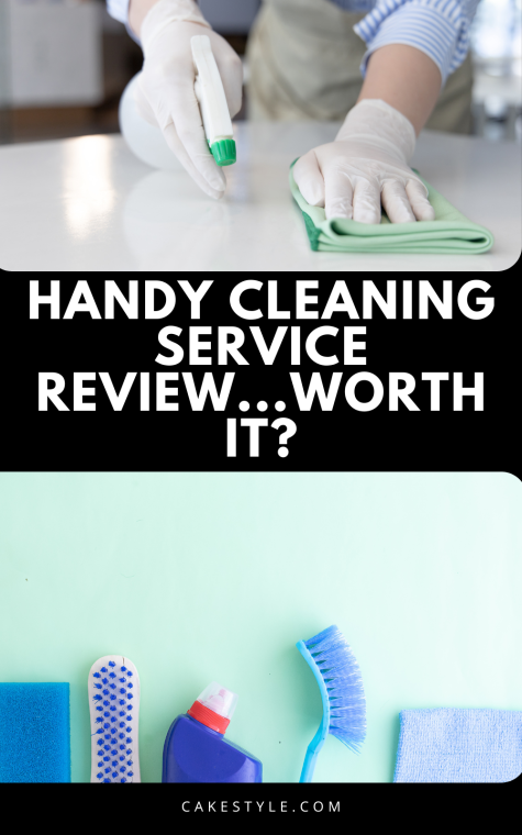 Cleaning supplies and person cleaning countertop, showing an example of the services you can get that we talk about in our Handy Review