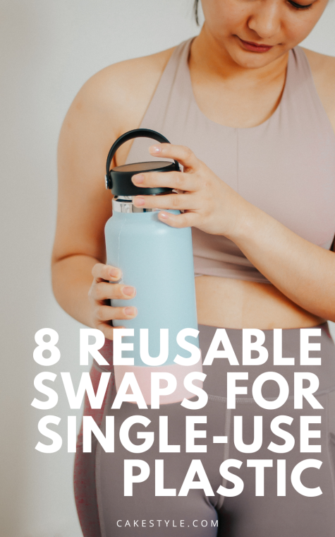 woman holding a stainless steel water bottle showing an example of reusable swaps